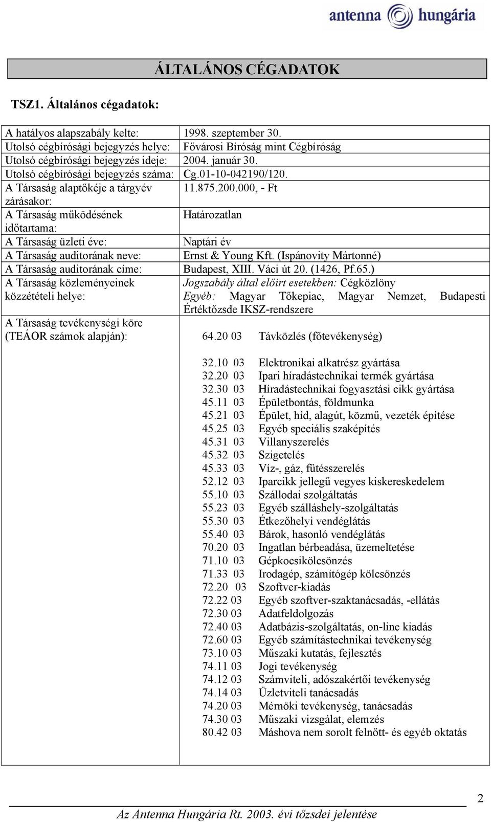 A Társaság alaptőkéje a tárgyév 11.875.200.000, - Ft zárásakor: A Társaság működésének Határozatlan időtartama: A Társaság üzleti éve: Naptári év A Társaság auditorának neve: Ernst & Young Kft.