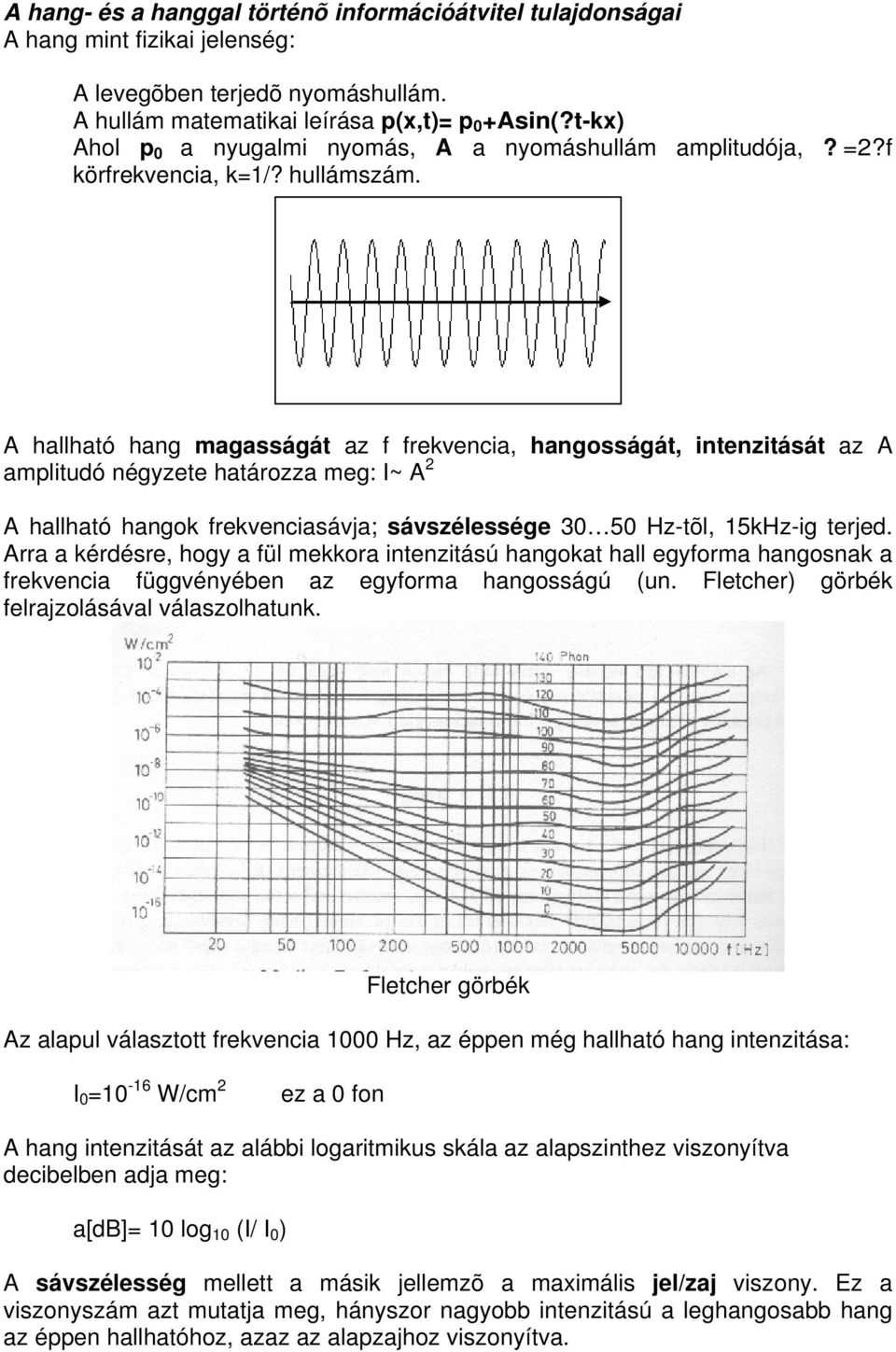 A hallható hang magasságát az f frekvencia, hangosságát, intenzitását az A amplitudó négyzete határozza meg: I~ A 2 A hallható hangok frekvenciasávja; sávszélessége 30 50 Hz-tõl, 15kHz-ig terjed.