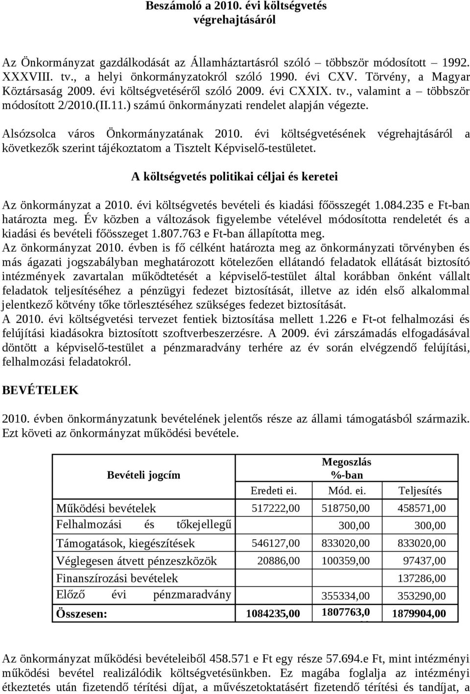 Alsózsolca város Önkormányzatának 2010. évi költségvetésének végrehajtásáról a következők szerint tájékoztatom a Tisztelt Képviselő-testületet.