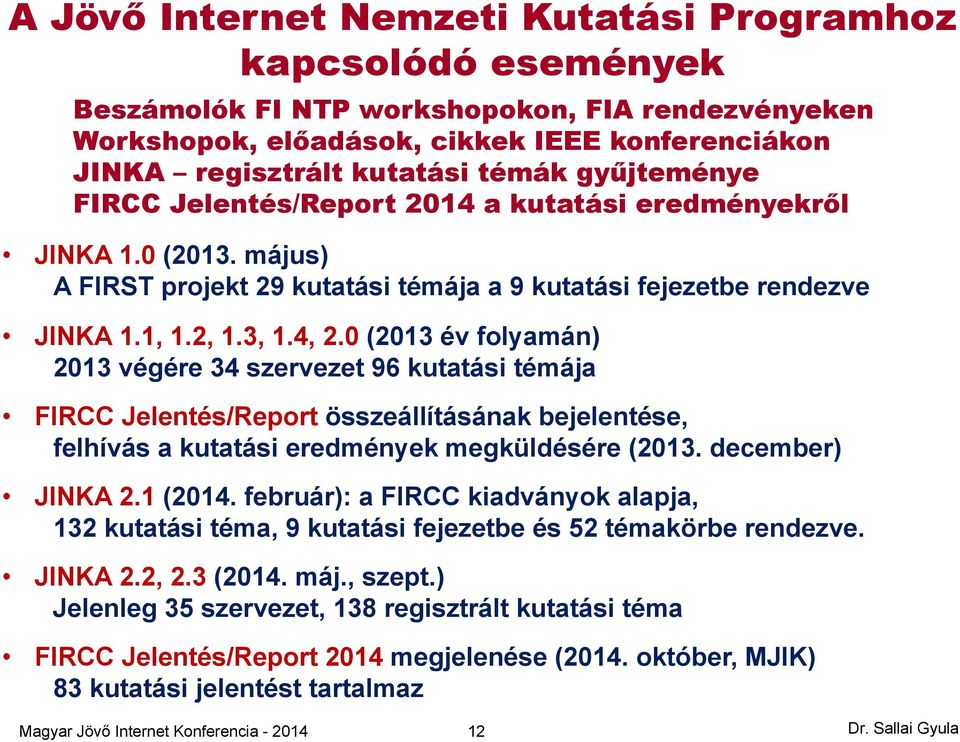 0 (2013 év folyamán) 2013 végére 34 szervezet 96 kutatási témája FIRCC Jelentés/Report összeállításának bejelentése, felhívás a kutatási eredmények megküldésére (2013. december) JINKA 2.1 (2014.
