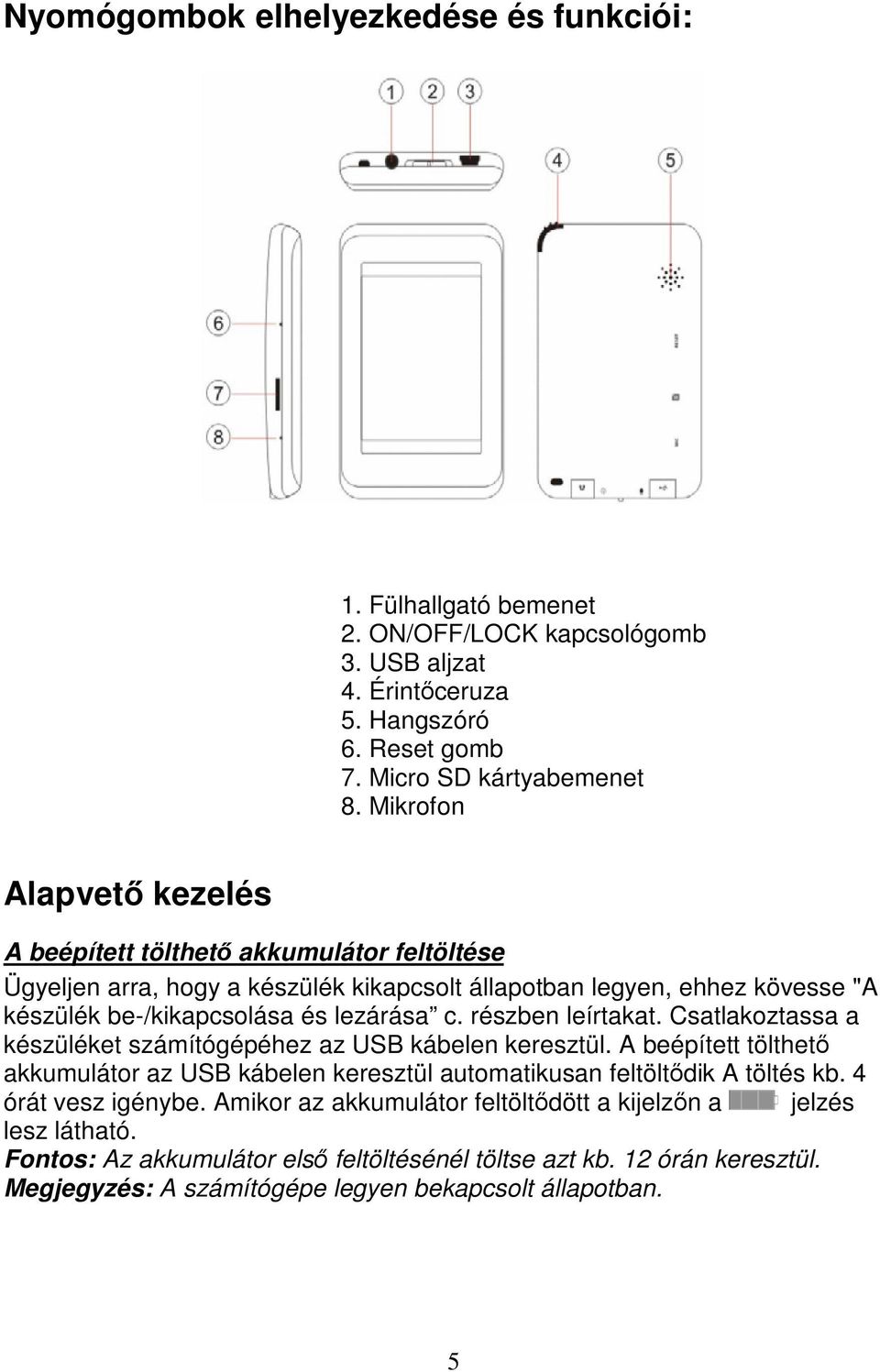 részben leírtakat. Csatlakoztassa a készüléket számítógépéhez az USB kábelen keresztül. A beépített tölthető akkumulátor az USB kábelen keresztül automatikusan feltöltődik A töltés kb.