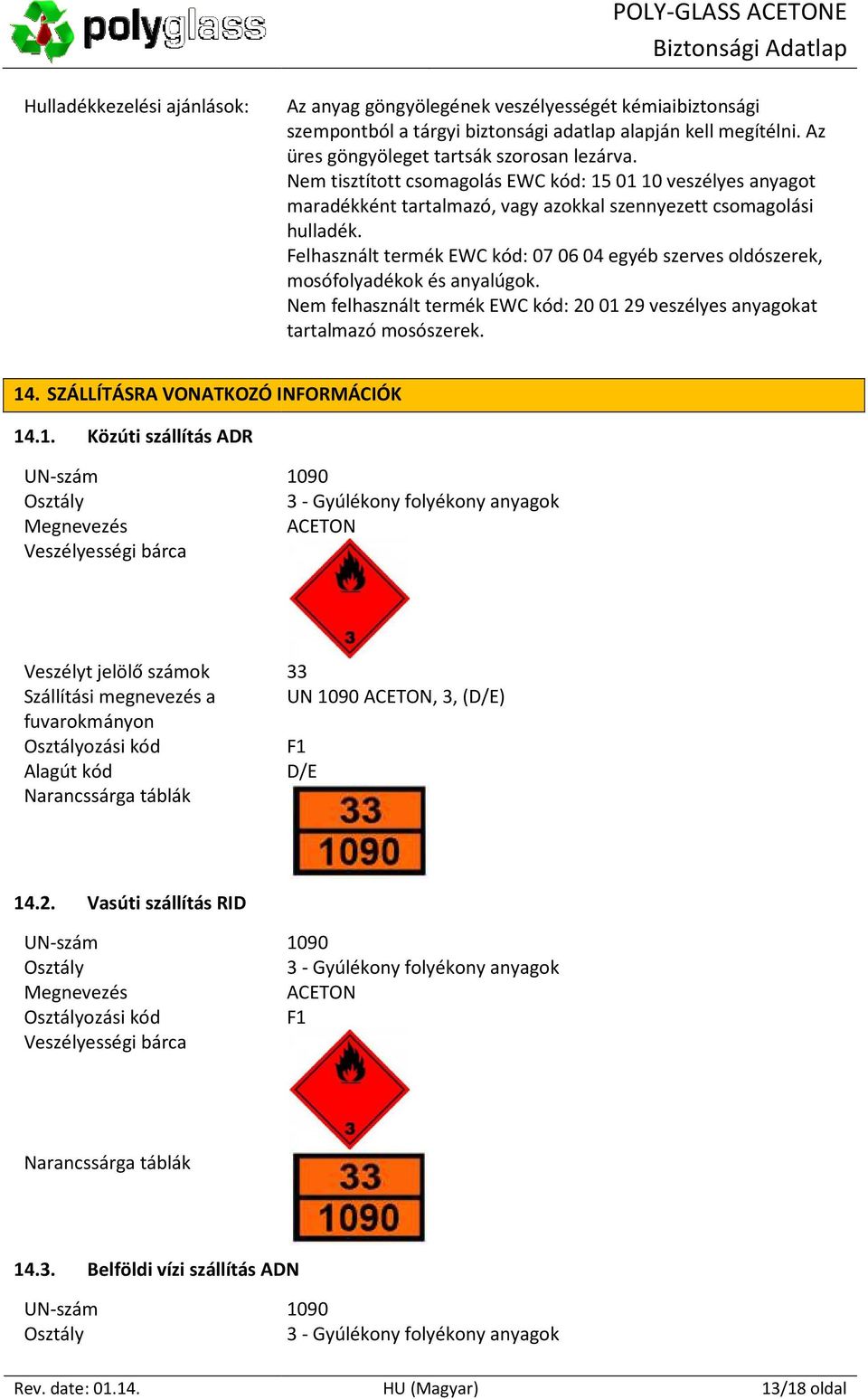 Felhasznált termék EWC kód: 07 06 04 egyéb szerves oldószerek, mosófolyadékok és anyalúgok. Nem felhasznált termék EWC kód: 20 01 29 veszélyes anyagokat tartalmazó mosószerek. 14.