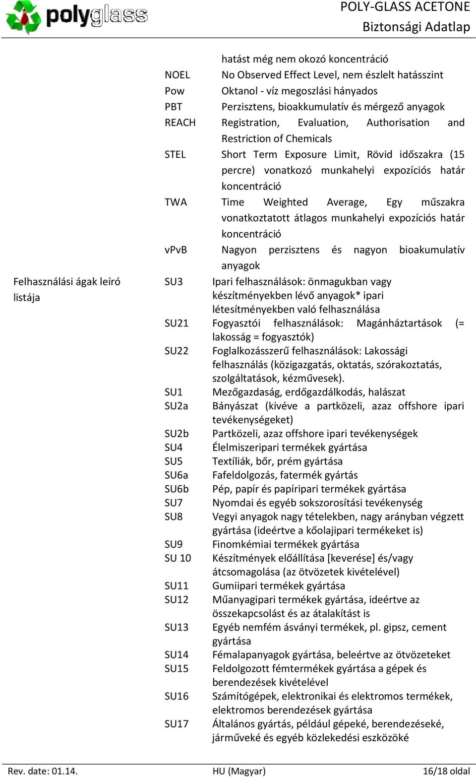 koncentráció TWA Time Weighted Average, Egy műszakra vonatkoztatott átlagos munkahelyi expozíciós határ koncentráció vpvb Nagyon perzisztens és nagyon bioakumulatív anyagok SU3 Ipari felhasználások: