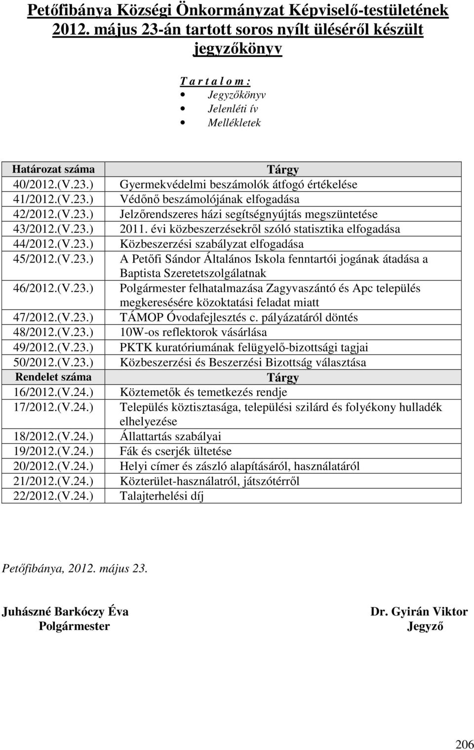 (V.23.) 45/2012.(V.23.) 46/2012.(V.23.) 47/2012.(V.23.) 48/2012.(V.23.) 49/2012.(V.23.) 50/2012.(V.23.) Rendelet száma 16/2012.(V.24.) 17/2012.(V.24.) 18/2012.(V.24.) 19/2012.(V.24.) 20/2012.(V.24.) 21/2012.