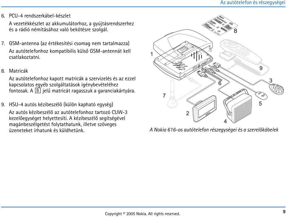 Matricák Az autótelefonhoz kapott matricák a szervizelés és az ezzel kapcsolatos egyéb szolgáltatások igénybevételéhez fontosak. A jelû matricát ragasszuk a garanciakártyára. 9.