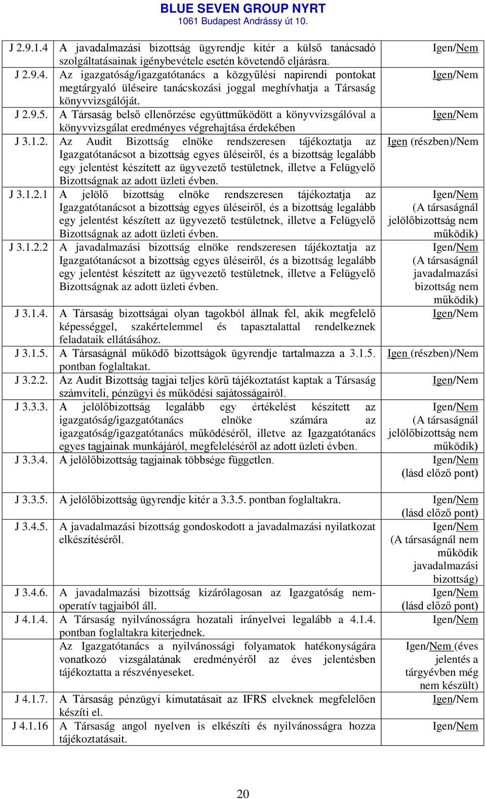 Igazgatótanácsot a bizottság egyes üléseiről, és a bizottság legalább egy jelentést készített az ügyvezető testületnek, illetve a Felügyelő Bizottságnak az adott üzleti évben. J 3.1.2.