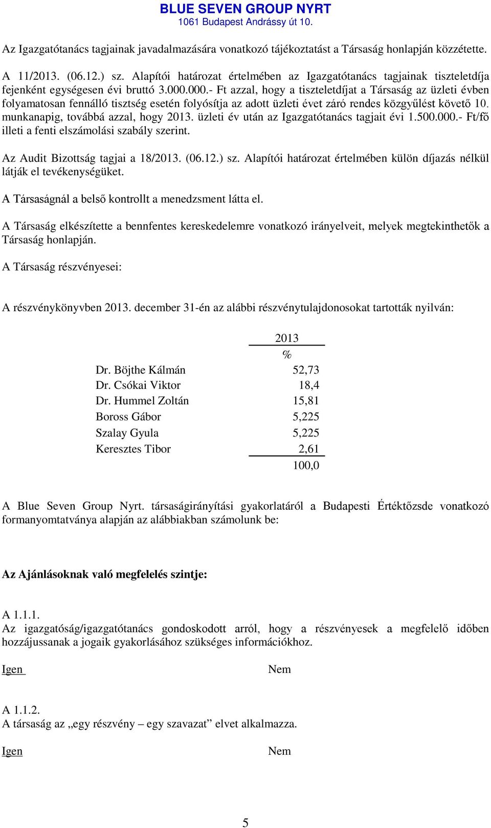 000.- Ft azzal, hogy a tiszteletdíjat a Társaság az üzleti évben folyamatosan fennálló tisztség esetén folyósítja az adott üzleti évet záró rendes közgyűlést követő 10.