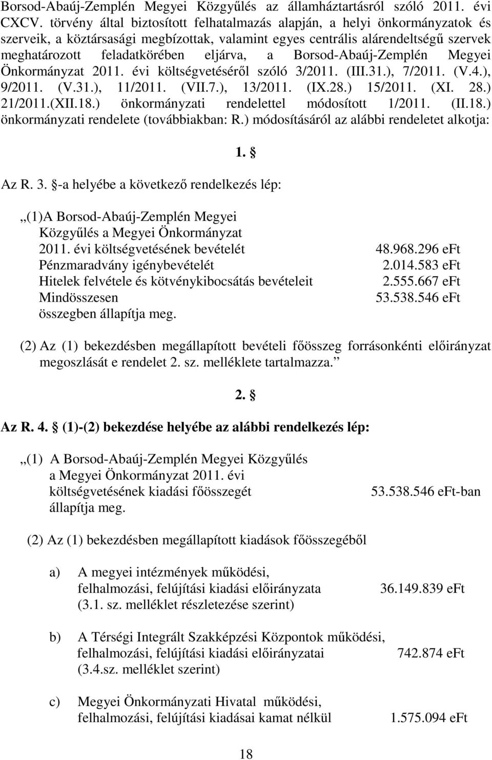 a Borsod-Abaúj-Zemplén Megyei Önkormányzat 2011. évi költségvetéséről szóló 3/2011. (III.31.), 7/2011. (V.4.), 9/2011. (V.31.), 11/2011. (VII.7.), 13/2011. (IX.28.) 15/2011. (XI. 28.) 21/2011.(XII.18.