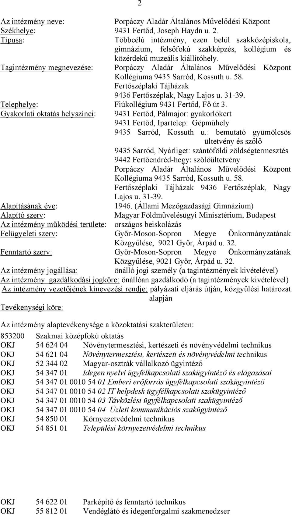 Tagintézmény megnevezése: Porpáczy Aladár Általános Művelődési Központ Kollégiuma 9435 Sarród, Kossuth u. 58. Fertőszéplaki Tájházak 9436 Fertőszéplak, Nagy Lajos u. 31-39.