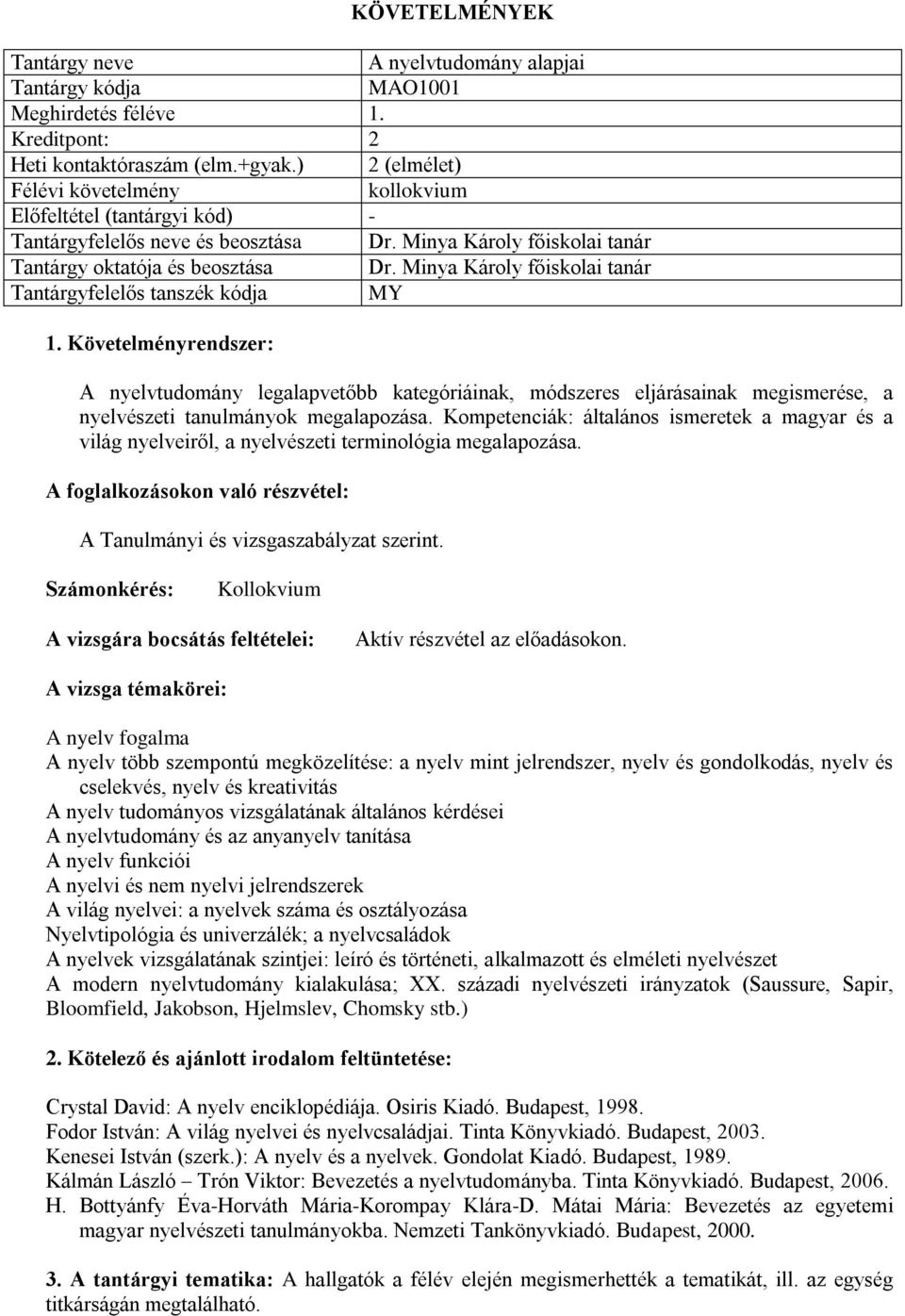 Minya Károly főiskolai tanár Tantárgyfelelős tanszék kódja MY A nyelvtudomány legalapvetőbb kategóriáinak, módszeres eljárásainak megismerése, a nyelvészeti tanulmányok megalapozása.