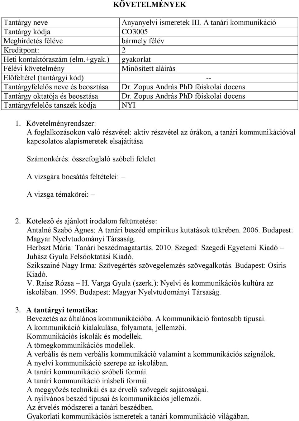 Zopus András PhD főiskolai docens Tantárgyfelelős tanszék kódja NYI A foglalkozásokon való részvétel: aktív részvétel az órákon, a tanári kommunikációval kapcsolatos alapismeretek elsajátítása