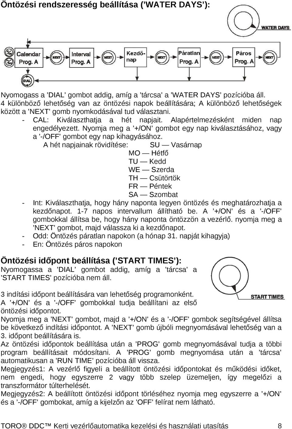 Alapértelmezésként miden nap engedélyezett. Nyomja meg a +/ON gombot egy nap kiválasztásához, vagy a -/OFF gombot egy nap kihagyásához.