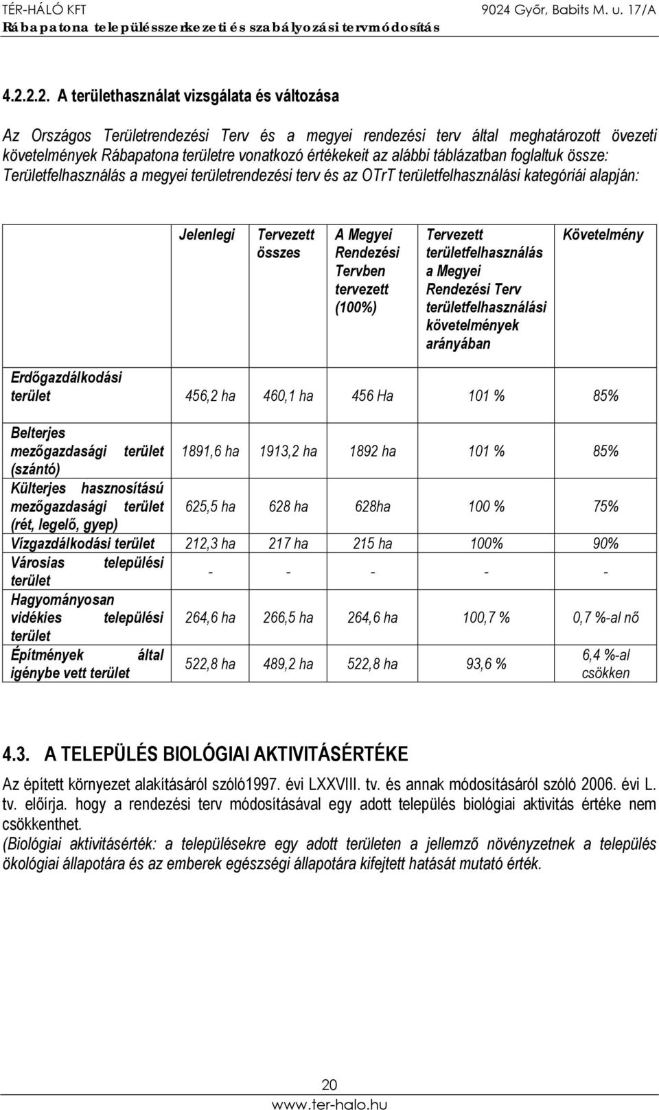 tervezett (100%) Tervezett területfelhasználás a Megyei Rendezési Terv területfelhasználási követelmények arányában Követelmény Erdőgazdálkodási terület 456,2 ha 460,1 ha 456 Ha 101 % 85% Belterjes