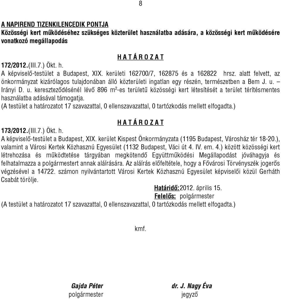 Irányi D. u. kereszteződésénél lévő 896 m 2 -es területű közösségi kert létesítését a terület térítésmentes használatba adásával támogatja. 173/2012.(III.7.) Ökt. h. A képviselő-testület a Budapest, XIX.