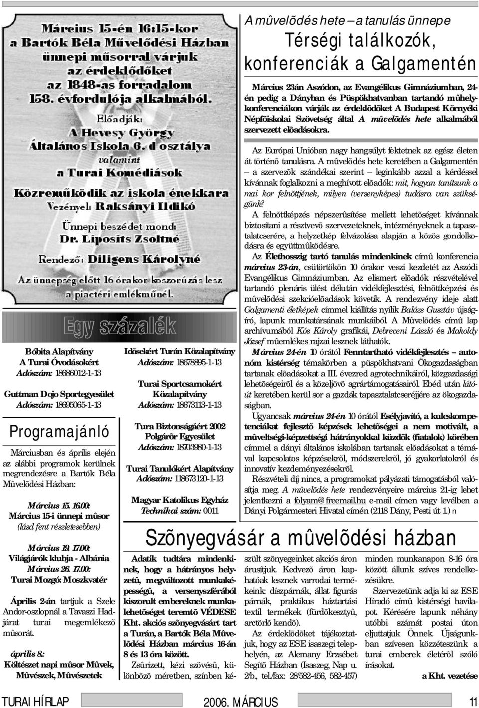 00: Világjárók klubja - Albánia Március 26. 17.00: Turai Mozgó: Moszkvatér Április 2-án tartjuk a Szele Andor-oszlopnál a Tavaszi Hadjárat turai megemlékezõ mûsorát. április 8.