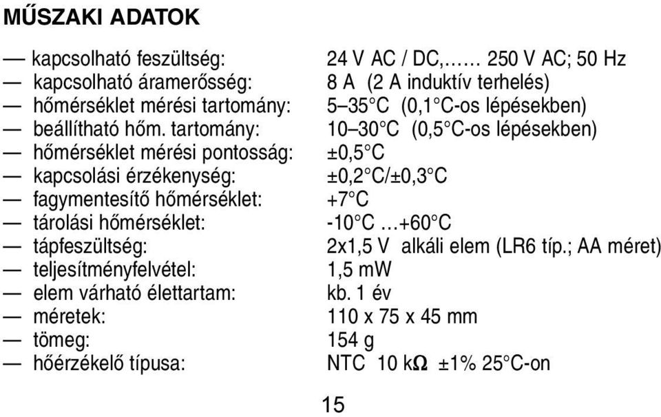 tartomány: 10 30 C (0,5 C-os lépésekben) hõmérséklet mérési pontosság: ±0,5 C kapcsolási érzékenység: ±0,2 C/±0,3 C fagymentesítõ hõmérséklet: +7