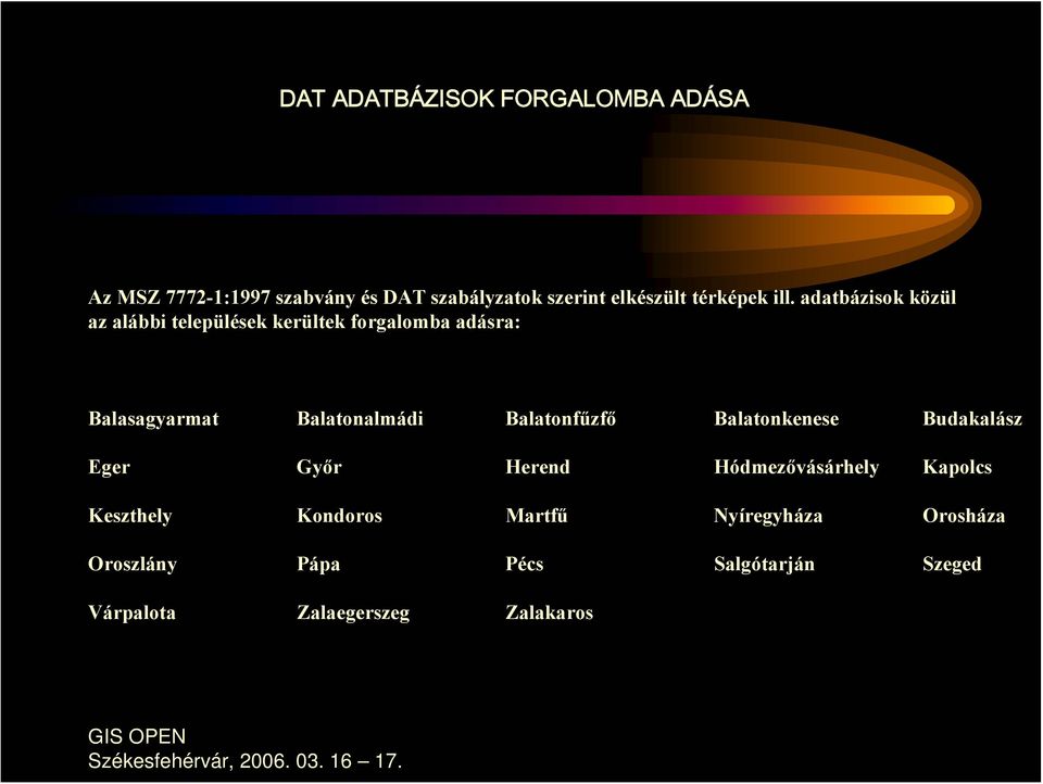 adatbázisok közül az alábbi települések kerültek forgalomba adásra: Balasagyarmat Balatonalmádi