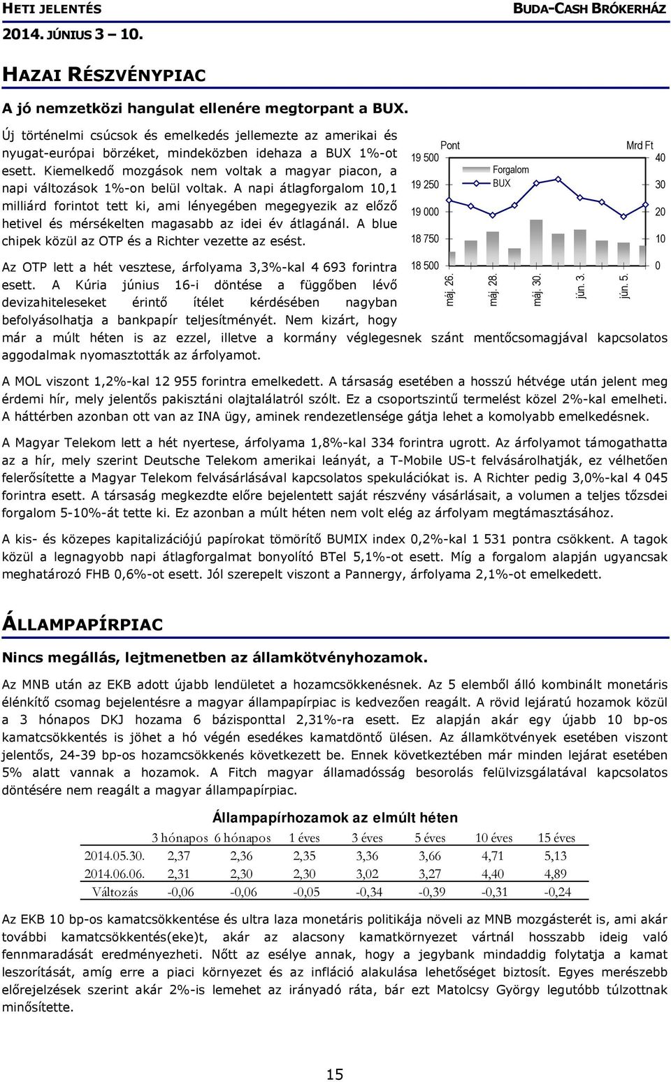 A napi átlagforgalom 10,1 milliárd forintot tett ki, ami lényegében megegyezik az előző hetivel és mérsékelten magasabb az idei év átlagánál. A blue chipek közül az OTP és a Richter vezette az esést.