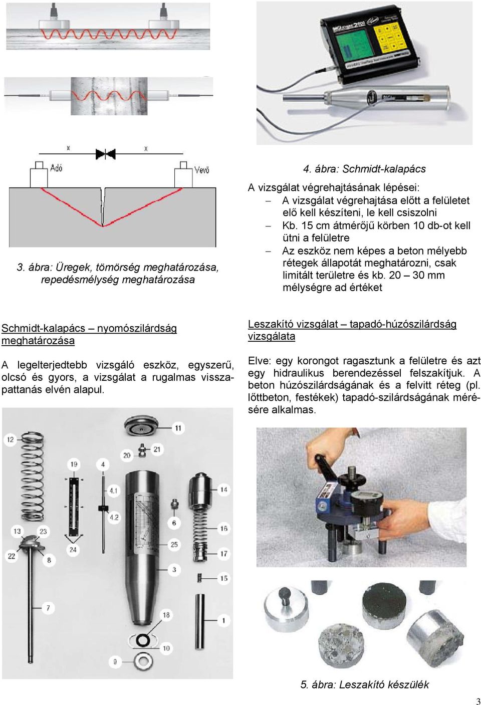 15 cm átmérőjű körben 10 db-ot kell ütni a felületre Az eszköz nem képes a beton mélyebb rétegek állapotát meghatározni, csak limitált területre és kb.