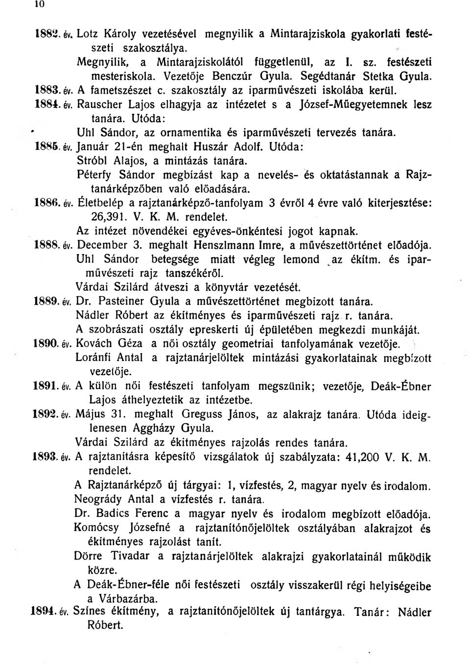 Rauscher Lajos elhagyja az intézetet s a József-Müegyetemnek lesz tanára. Utóda: Uhl Sándor, az ornamentika és iparművészeti tervezés tanára. 1886. év. Január 21-én meghalt Huszár Adolf.