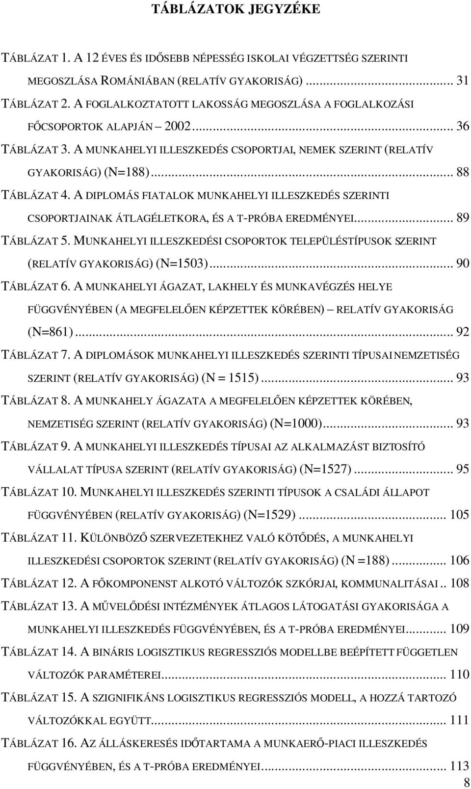 A DIPLOMÁS FIATALOK MUNKAHELYI ILLESZKEDÉS SZERINTI CSOPORTJAINAK ÁTLAGÉLETKORA, ÉS A T-PRÓBA EREDMÉNYEI... 89 TÁBLÁZAT 5.