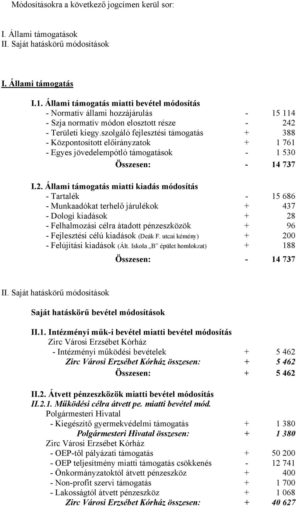 szolgáló fejlesztési támogatás + 388 - Központosított előirányzatok + 1 761 - Egyes jövedelempótló támogatások - 1 530 Összesen: - 14 737 I.2.