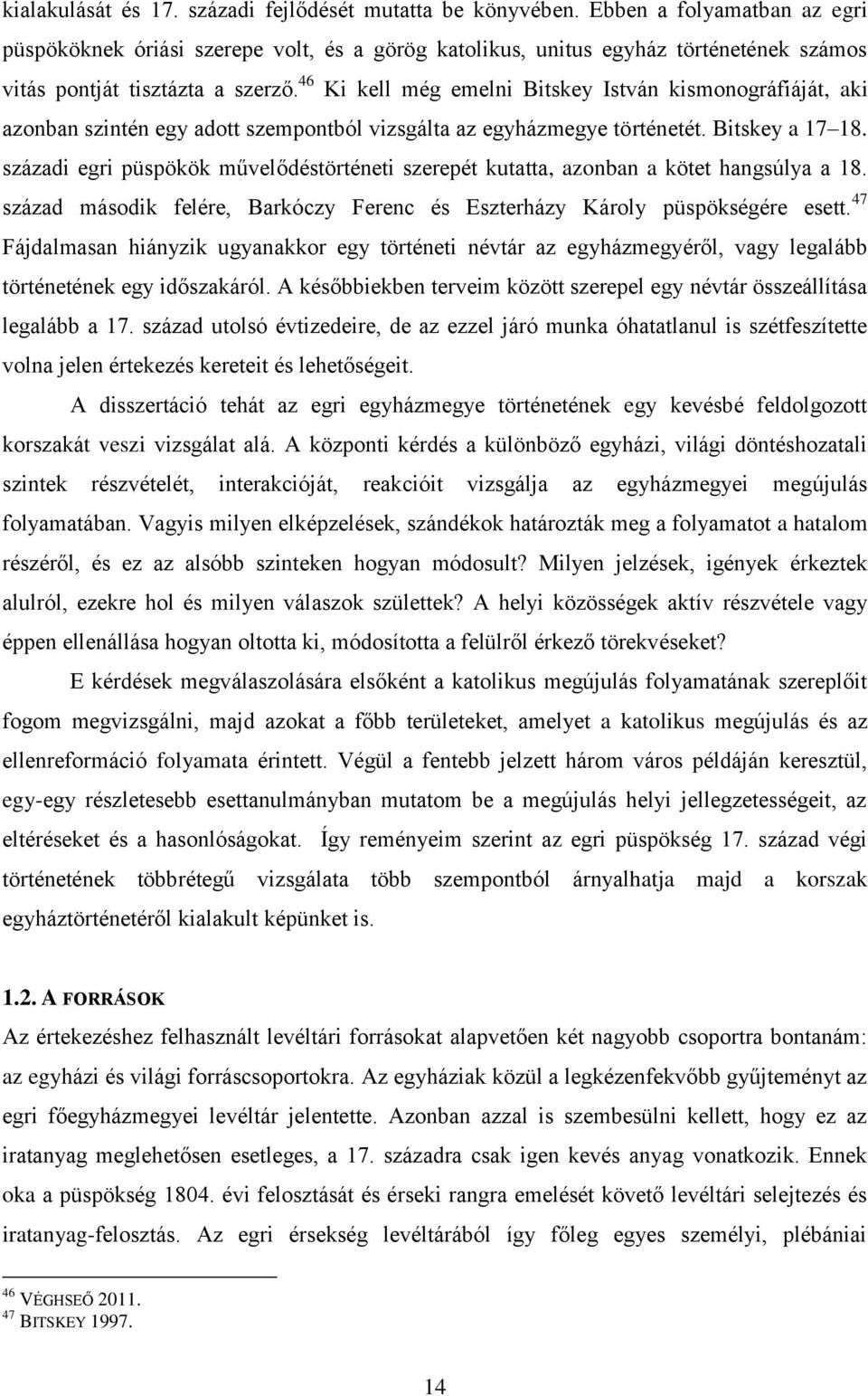 46 Ki kell még emelni Bitskey István kismonográfiáját, aki azonban szintén egy adott szempontból vizsgálta az egyházmegye történetét. Bitskey a 17 18.