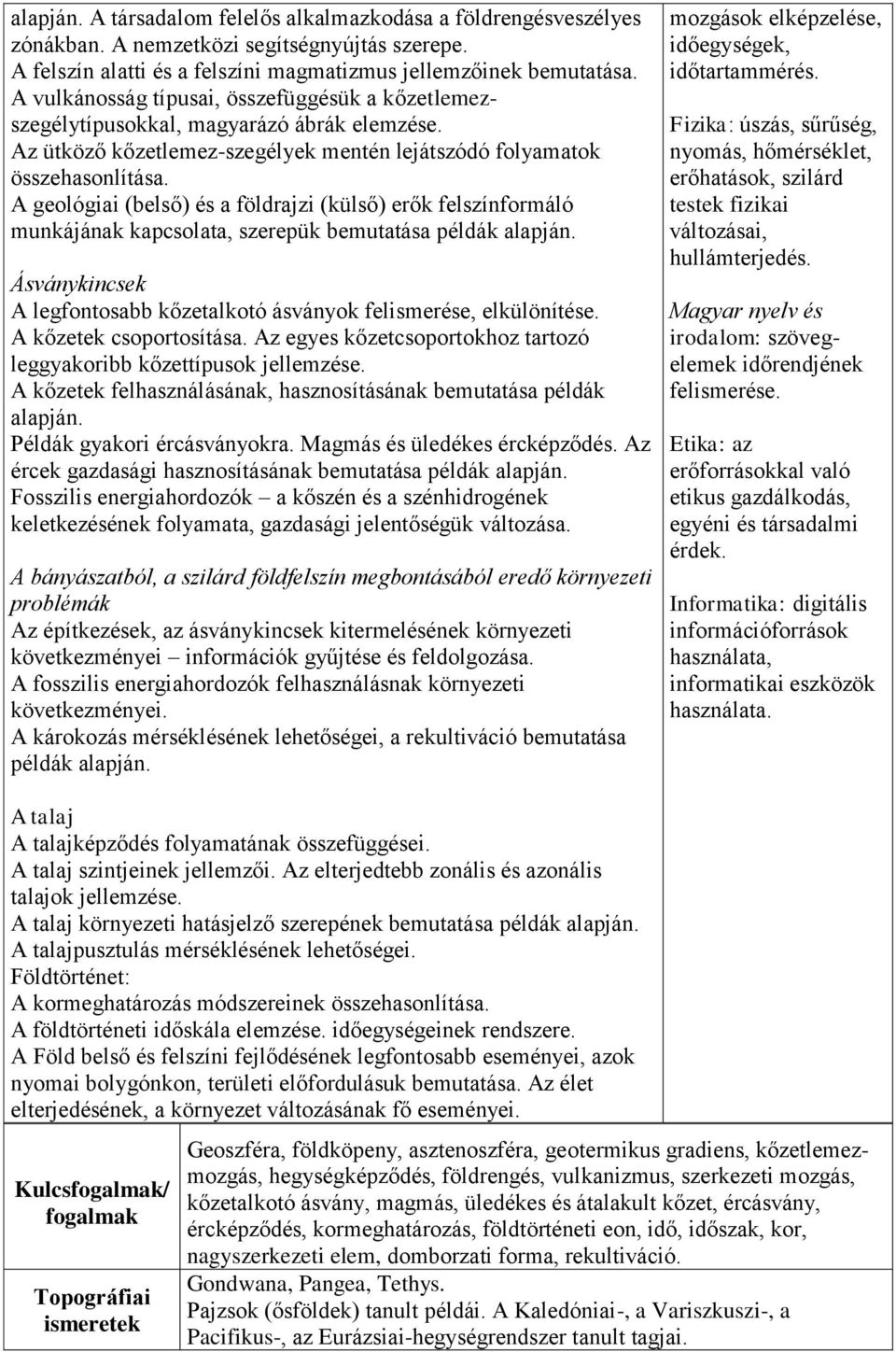 A geológiai (belső) és a földrajzi (külső) erők felszínformáló munkájának kapcsolata, szerepük bemutatása példák alapján. Ásványkincsek A legfontosabb kőzetalkotó ásványok felismerése, elkülönítése.