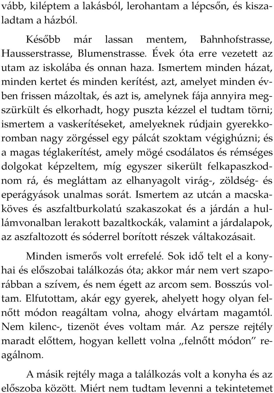 Ismertem minden házat, minden kertet és minden kerítést, azt, amelyet minden évben frissen mázoltak, és azt is, amelynek fája annyira megszürkült és elkorhadt, hogy puszta kézzel el tudtam törni;