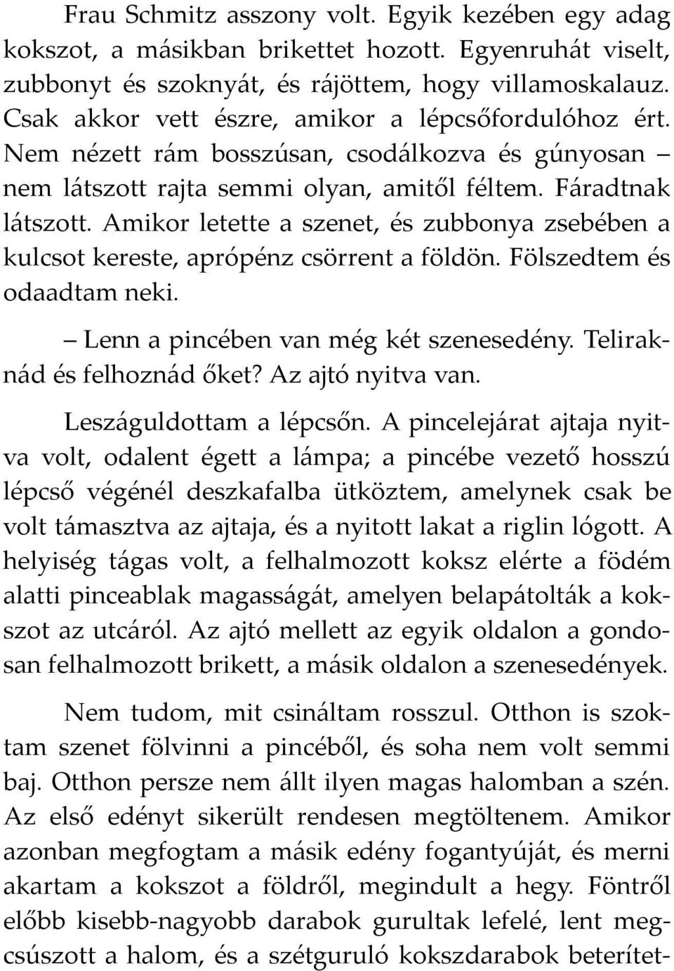 Amikor letette a szenet, és zubbonya zsebében a kulcsot kereste, aprópénz csörrent a földön. Fölszedtem és odaadtam neki. Lenn a pincében van még két szenesedény. Teliraknád és felhoznád őket?