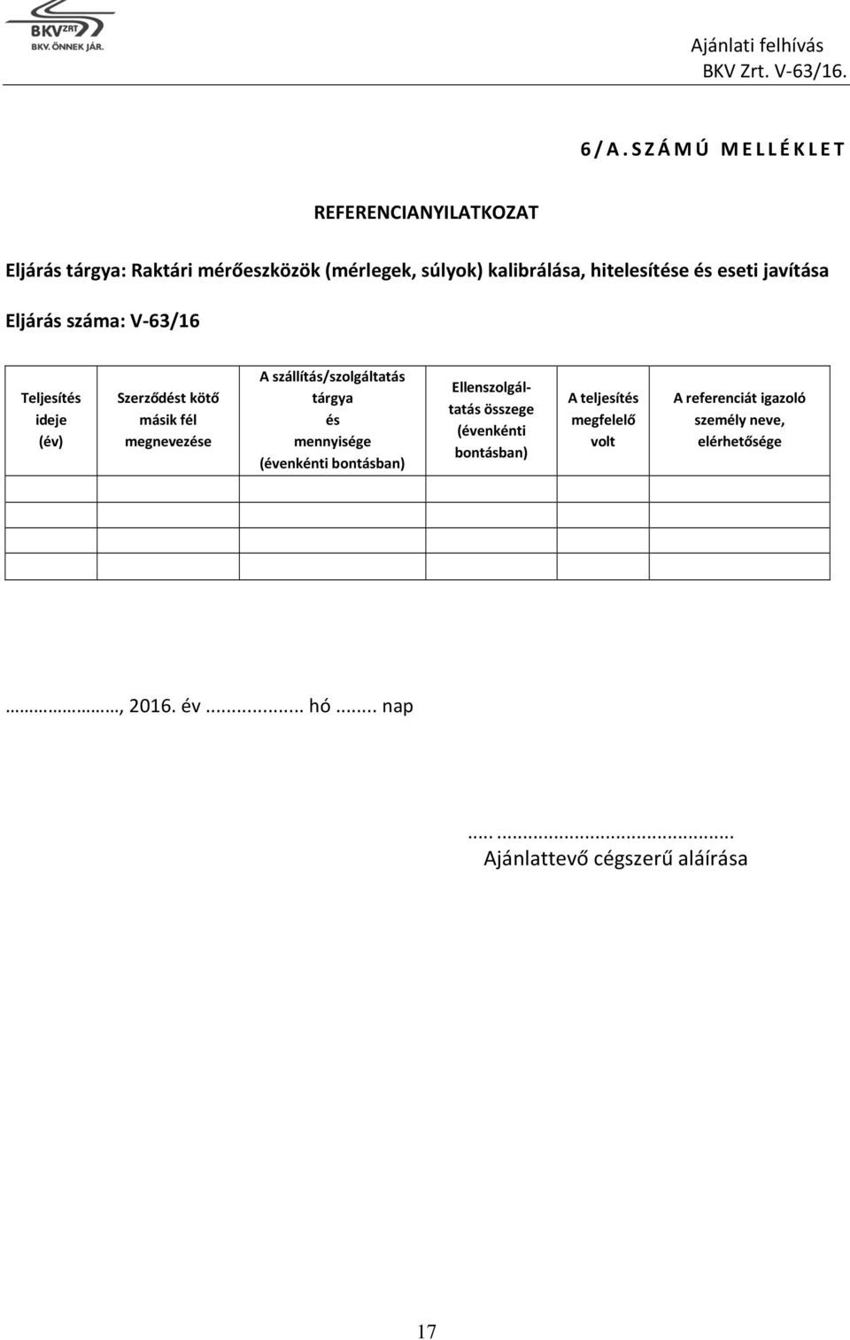 hitelesítése és eseti javítása Eljárás száma: V-63/16 Teljesítés ideje (év) Szerződést kötő másik fél megnevezése A