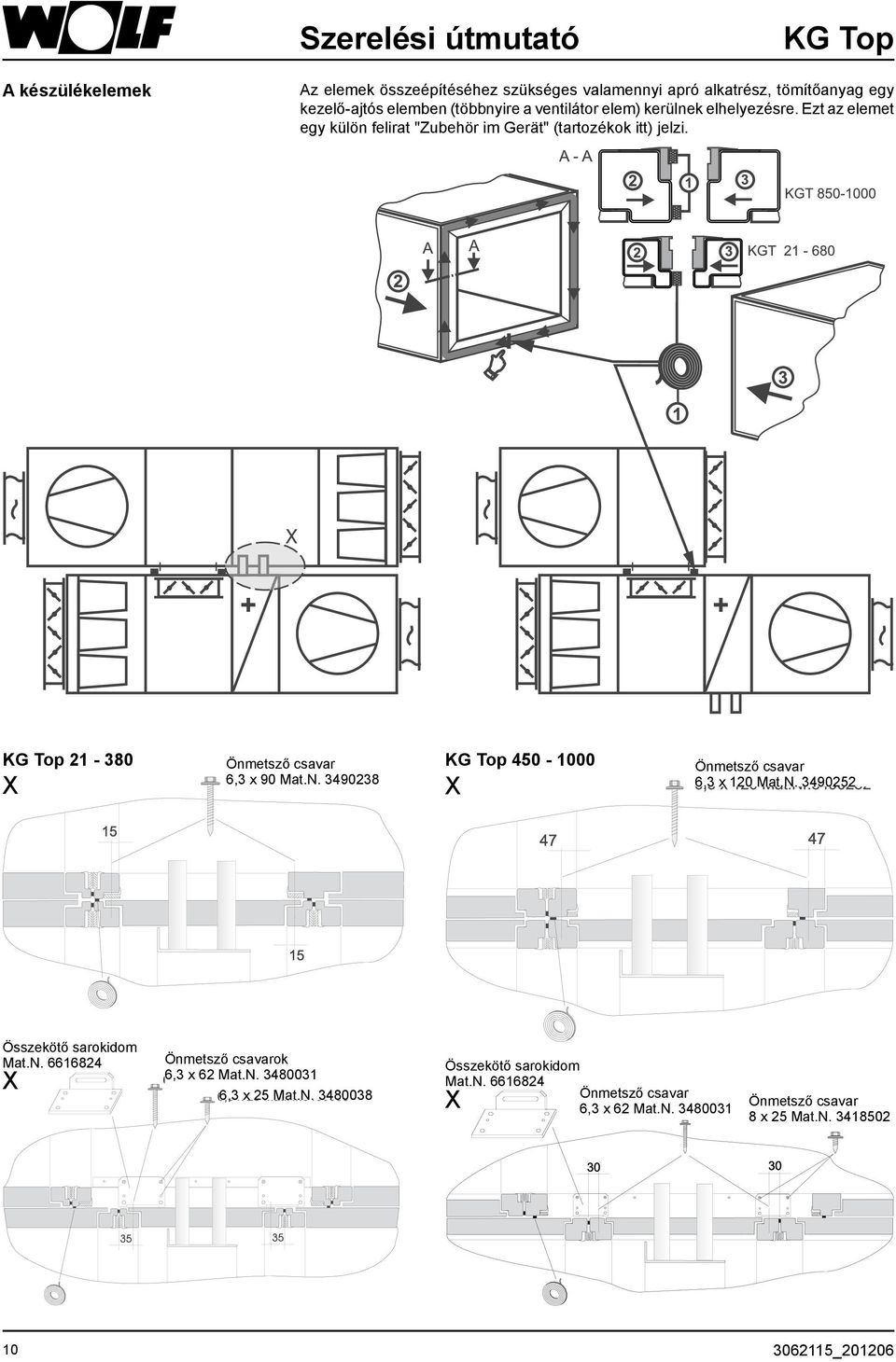 KG Top 21-380 X Önmetsző csavar 6,3 x 90 Mat.N. 3490238 KG Top 450-1000 X Önmetsző csavar 6,3 x 120 Mat.N. 3490252 Összekötő sarokidom Mat.N. 6616824 X Önmetsző csavarok 6,3 x 62 Mat.