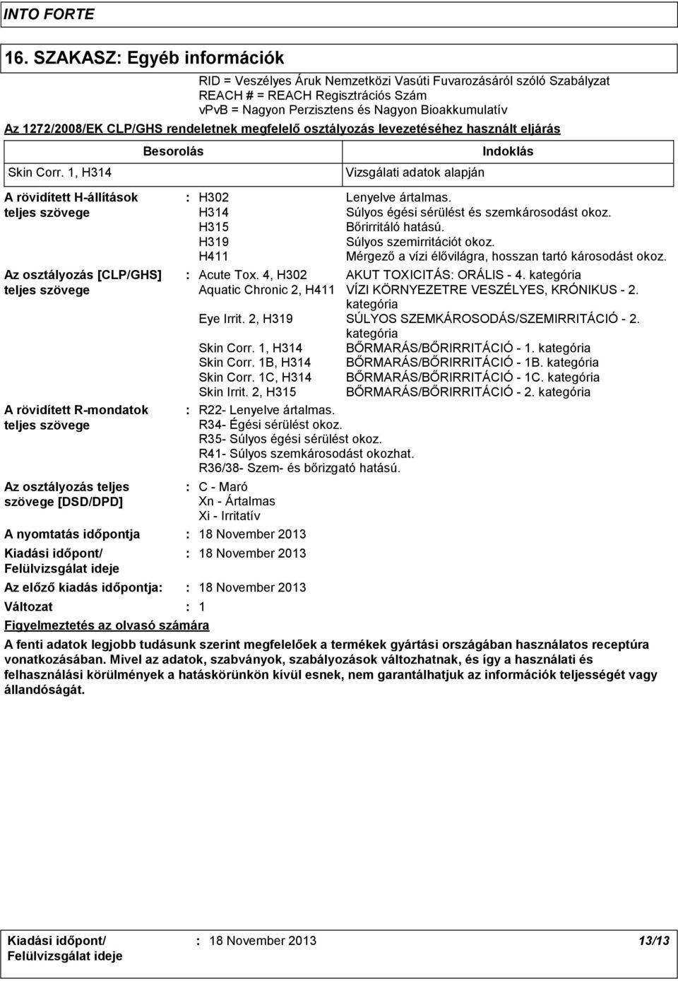 Az 1272/2008/EK CLP/GHS rendeletnek megfelelő osztályozás levezetéséhez használt eljárás Skin Corr.