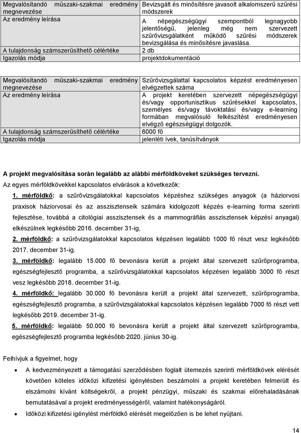 A tulajdnság számszerűsíthető célértéke 2 db Igazlás módja prjektdkumentáció Megvalósítandó műszaki-szakmai eredmény Szűrővizsgálattal kapcslats képzést eredményesen megnevezése elvégzettek száma Az