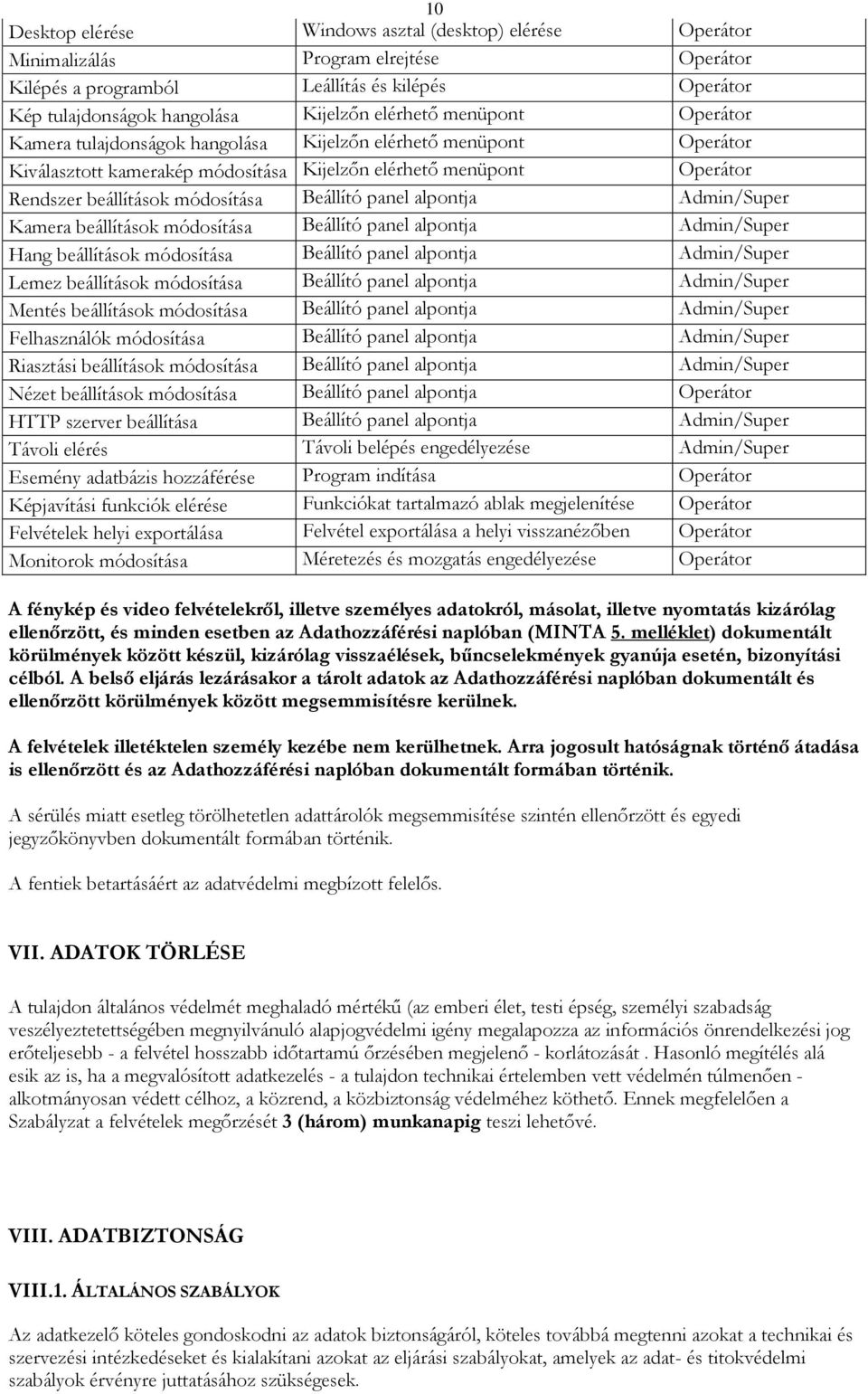 panel alpontja Admin/Super Kamera beállítások módosítása Beállító panel alpontja Admin/Super Hang beállítások módosítása Beállító panel alpontja Admin/Super Lemez beállítások módosítása Beállító