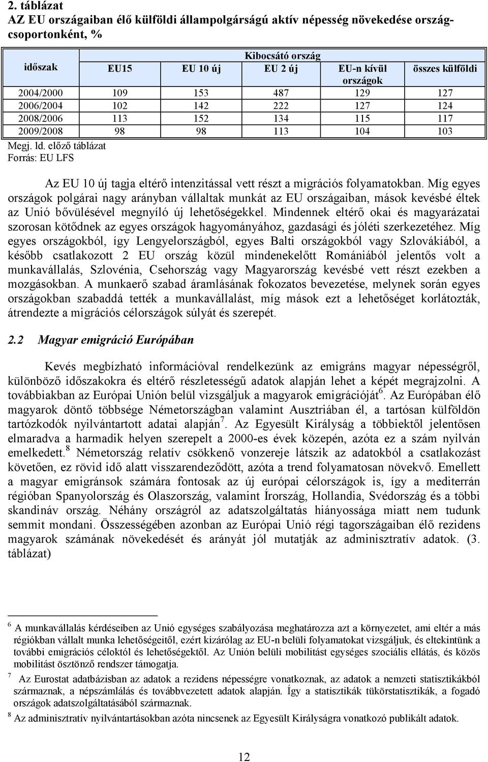 elızı táblázat Forrás: EU LFS Az EU 1 új tagja eltérı intenzitással vett részt a migrációs folyamatokban.