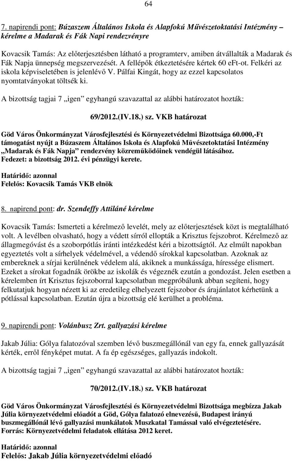 Pálfai Kingát, hogy az ezzel kapcsolatos nyomtatványokat töltsék ki. A bizottság tagjai 7 igen egyhangú szavazattal az alábbi határozatot hozták: 69/2012.(IV.18.) sz.
