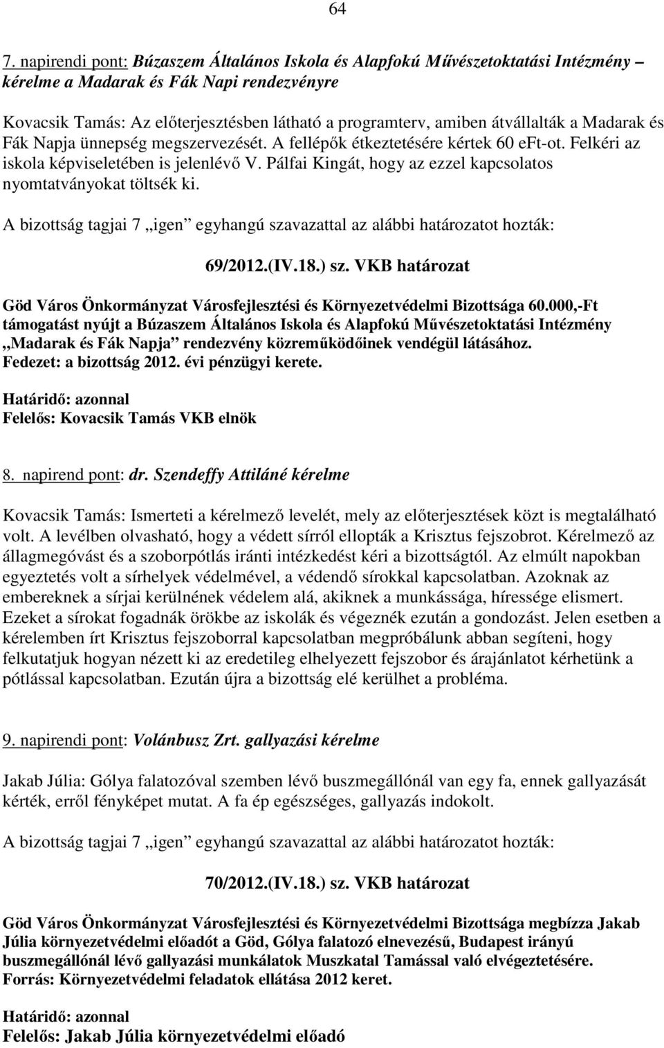 Pálfai Kingát, hogy az ezzel kapcsolatos nyomtatványokat töltsék ki. A bizottság tagjai 7 igen egyhangú szavazattal az alábbi határozatot hozták: 69/2012.(IV.18.) sz.