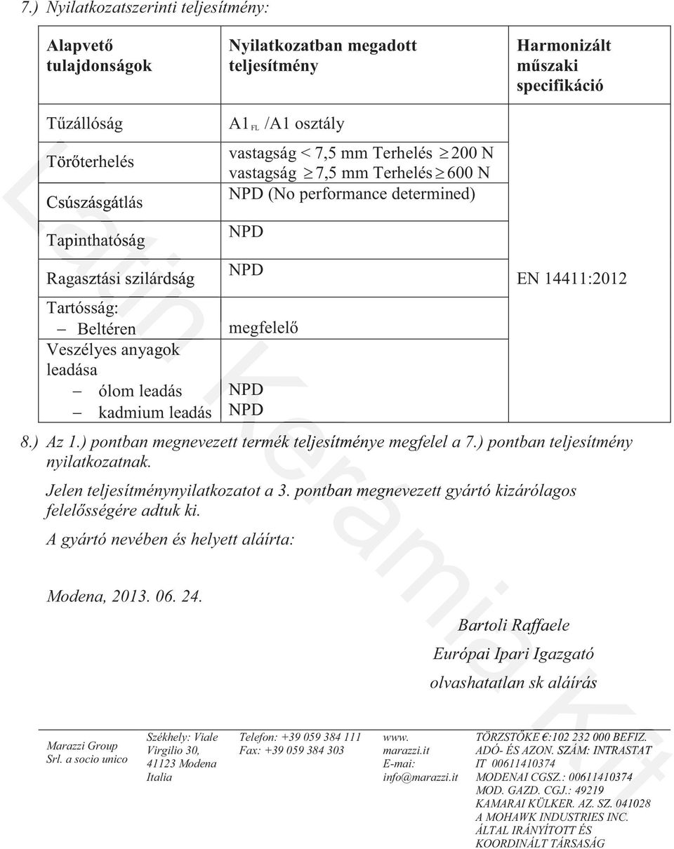 ) pontban megnevezett termék teljesítménye megfelel a 7.) pontban teljesítmény nyilatkozatnak. Jelen teljesítménynyilatkozatot a 3. pontban megnevezett gyártó kizárólagos re adtuk ki.