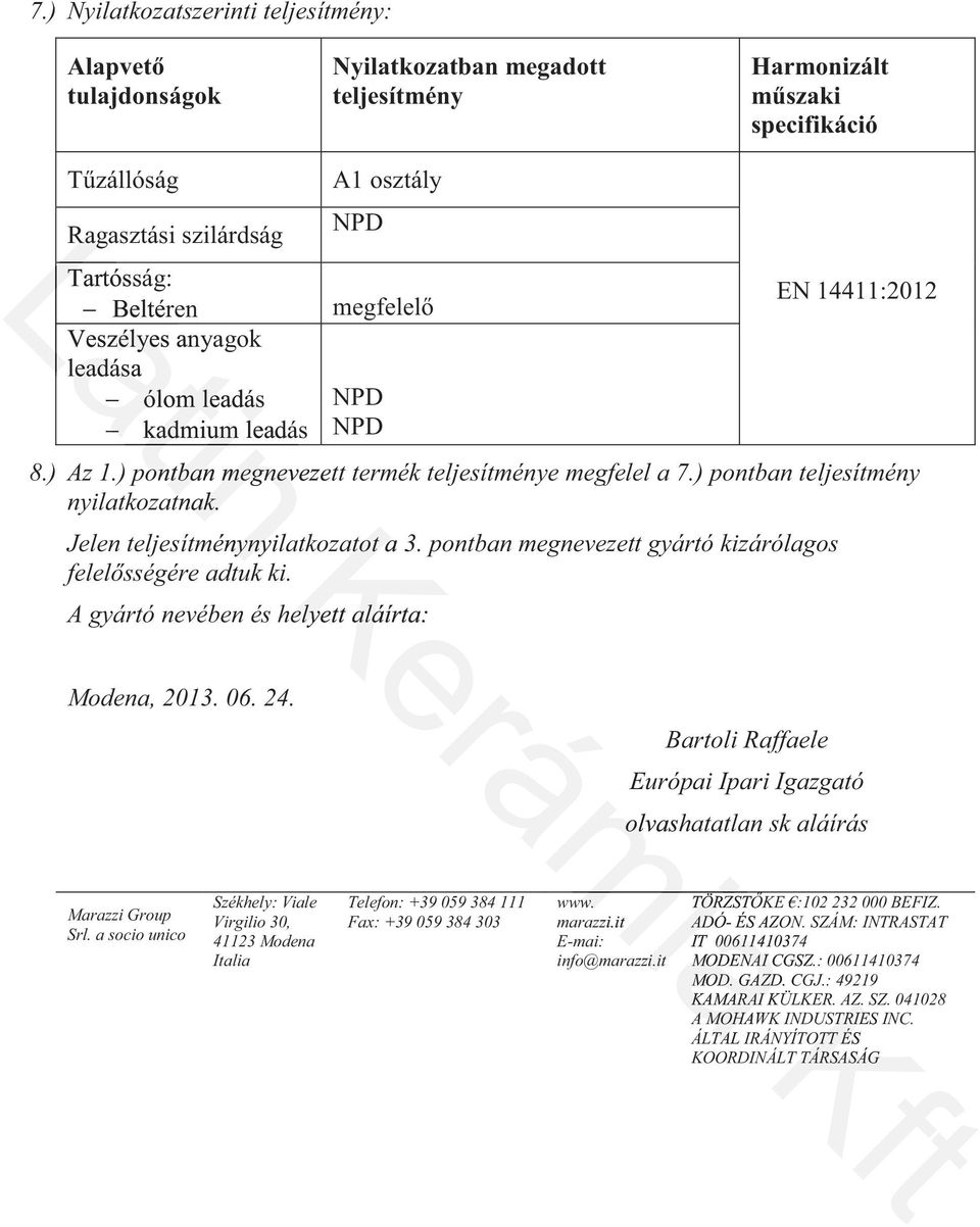 pontban megnevezett gyártó kizárólagos A gyártó nevében és helyett aláírta: Modena, 2013. 06. 24. Bartoli Raffaele Európai Ipari Igazgató olvashatatlan sk aláírás Marazzi Group Srl.