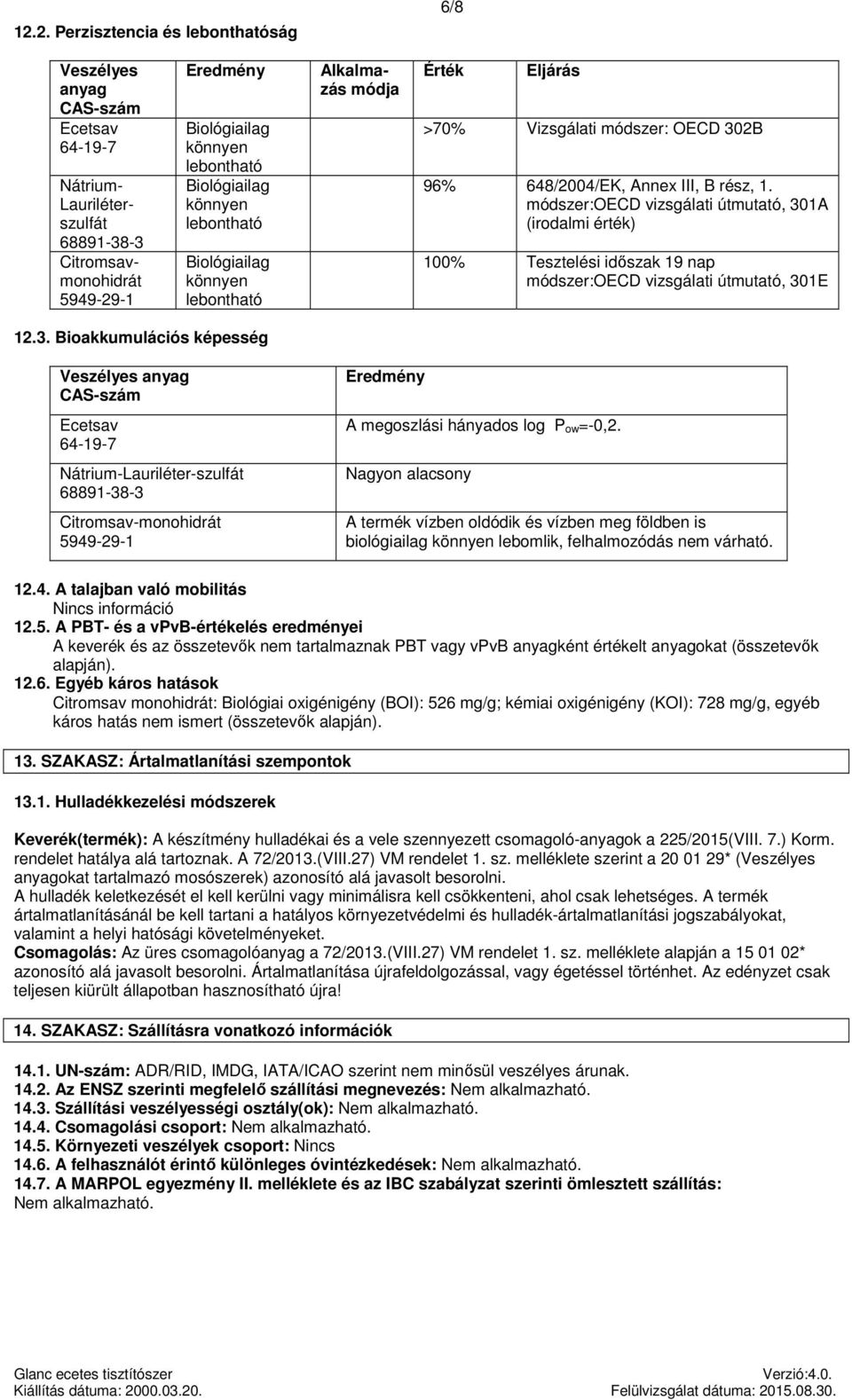 Nagyon alacsony A termék vízben oldódik és vízben meg földben is biológiailag könnyen lebomlik, felhalmozódás nem várható. 12.4. A talajban való mobilitás Nincs információ 12.5.