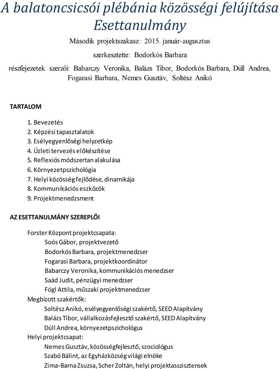 Bevezetés 2. Képzési tapasztalatok 3. Esélyegyenlőségi helyzetkép 4. Üzleti tervezés előkészítése 5. Reflexiós módszertan alakulása 6. Környezetpszichológia 7. Helyi közösség fejlődése, dinamikája 8.