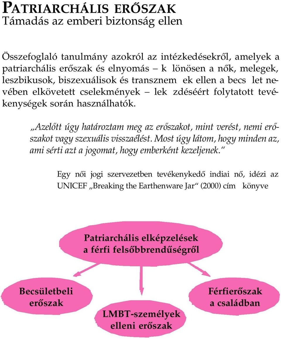 Azelőtt úgy határoztam meg az erőszakot, mint verést, nemi erőszakot vagy szexuális visszaélést. Most úgy látom, hogy minden az, ami sérti azt a jogomat, hogy emberként kezeljenek.