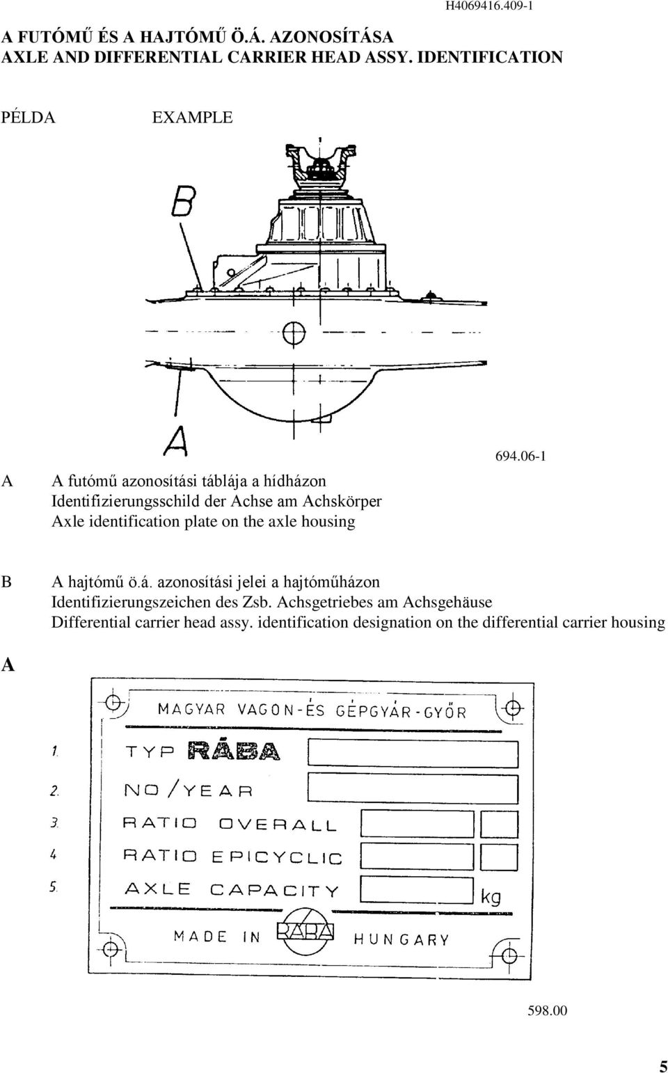 Axle identification plate on the axle housing 9.0- B A hajtómű ö.á.