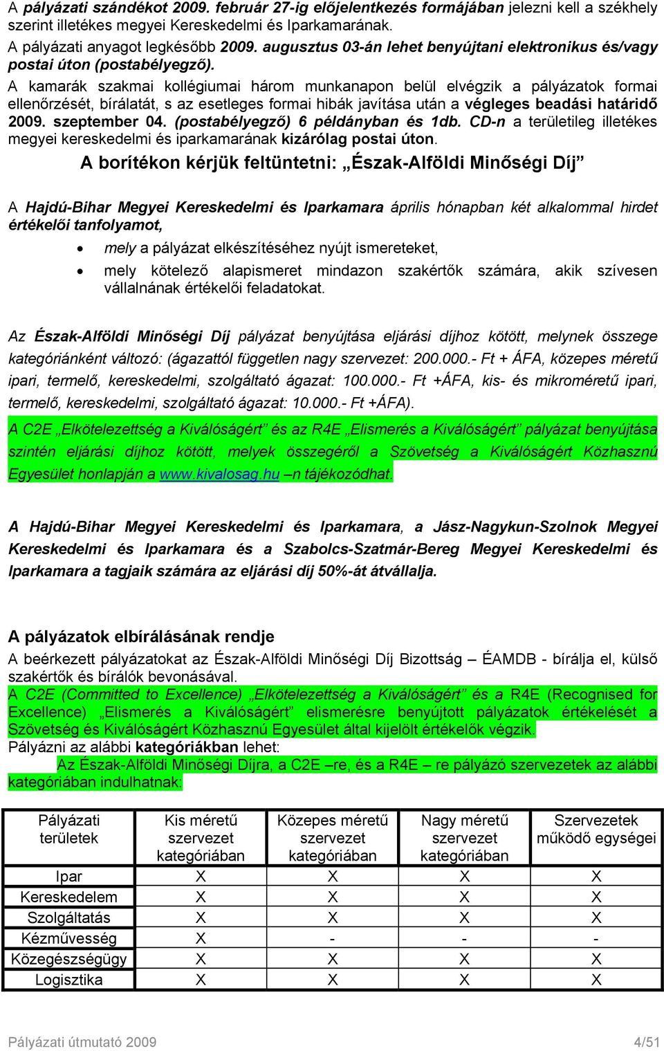 A kamarák szakmai kollégiumai három munkanapon belül elvégzik a pályázatok formai ellenőrzését, bírálatát, s az esetleges formai hibák javítása után a végleges beadási határidő 2009. szeptember 04.