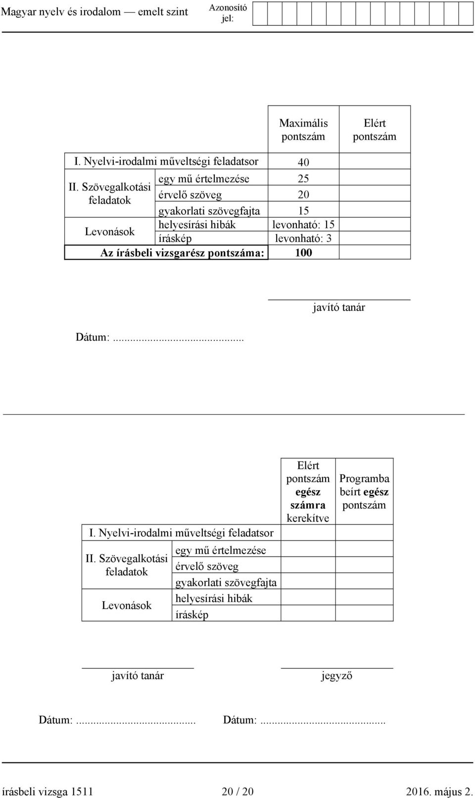 Az írásbeli vizsgarész pontszáma: 100 Dátum:... javító tanár I. Nyelvi-irodalmi műveltségi feladatsor II.