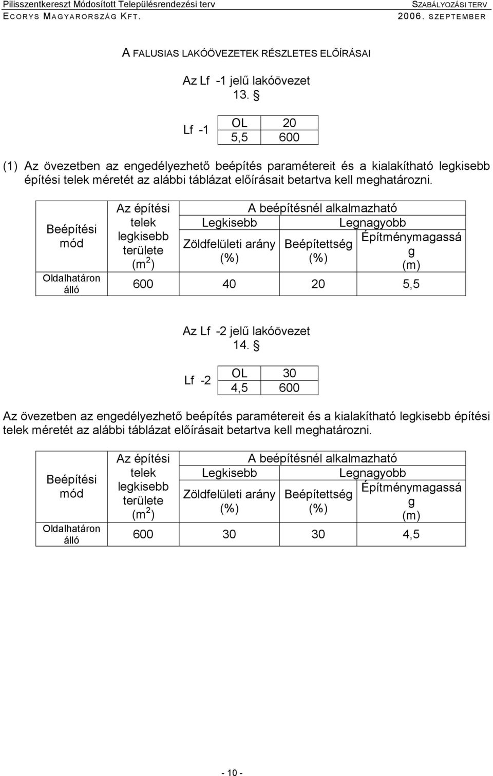 betartva kell mehatározni. Oldalhatáron álló Lekisebb Lenayobb Beépítettsé Építménymaassá 600 40 20 5,5 Az Lf -2 jelő lakóövezet 14.