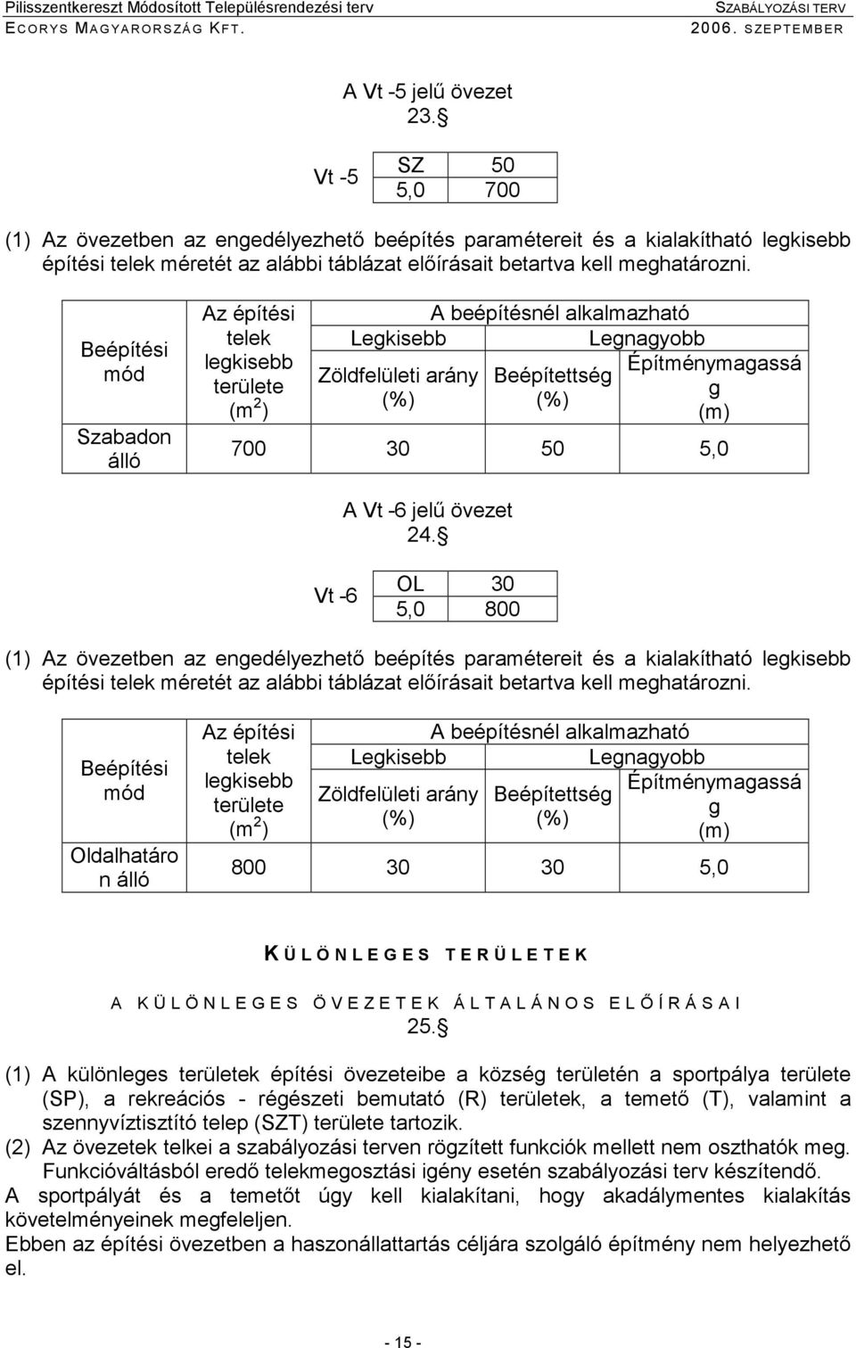 Vt -6 OL 30 5,0 800 (1) Az övezetben az enedélyezhetı beépítés paramétereit és a kialakítható építési méretét az alábbi táblázat elıírásait betartva kell mehatározni.