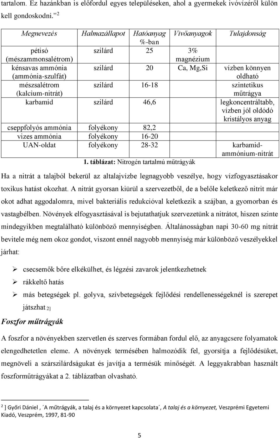 mészsalétrom (kalcium-nitrát) szilárd 16-18 szintetikus műtrágya karbamid szilárd 46,6 legkoncentráltabb, vízben jól oldódó kristályos anyag cseppfolyós ammónia folyékony 82,2 vizes ammónia folyékony