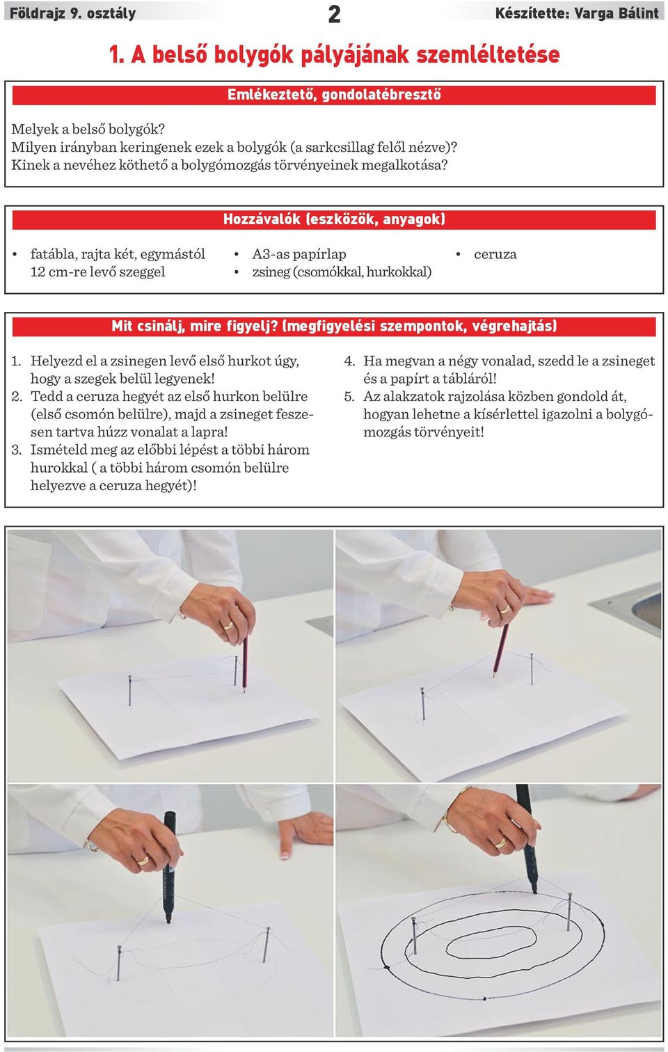 2 Készítette: Varga Bálint Hozzávalók (eszközök, anyagok) fatábla, rajta két, egymástól 12 cm-re levő szeggel A3-as papírlap zsineg (csomókkal, hurkokkal) ceruza Mit csinálj, mire figyelj?